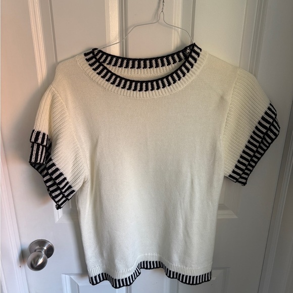 Striped Trim Ruffle Feminine White Blouse Women’s Large Preppy Elegant Girly - Picture 2 of 4